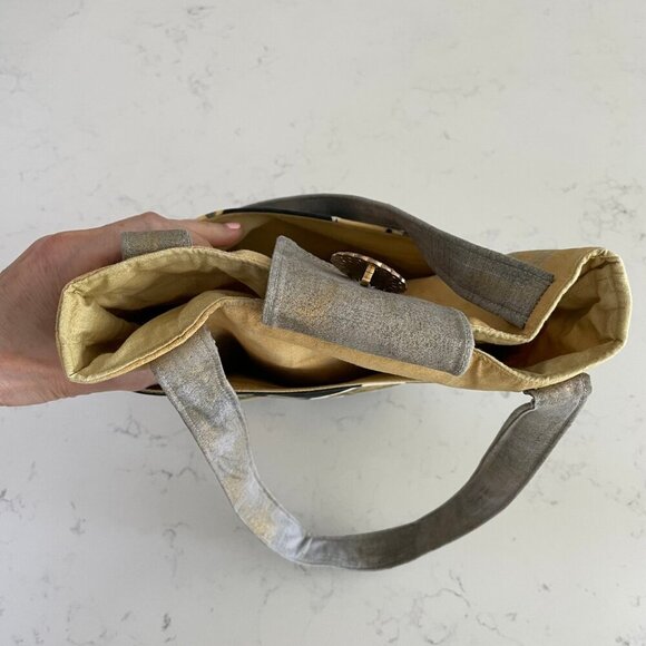 Hand Crafted Fabric Abstract Floral Print Tote Bag w Pockets Yellow Grey Blk - Picture 6 of 12